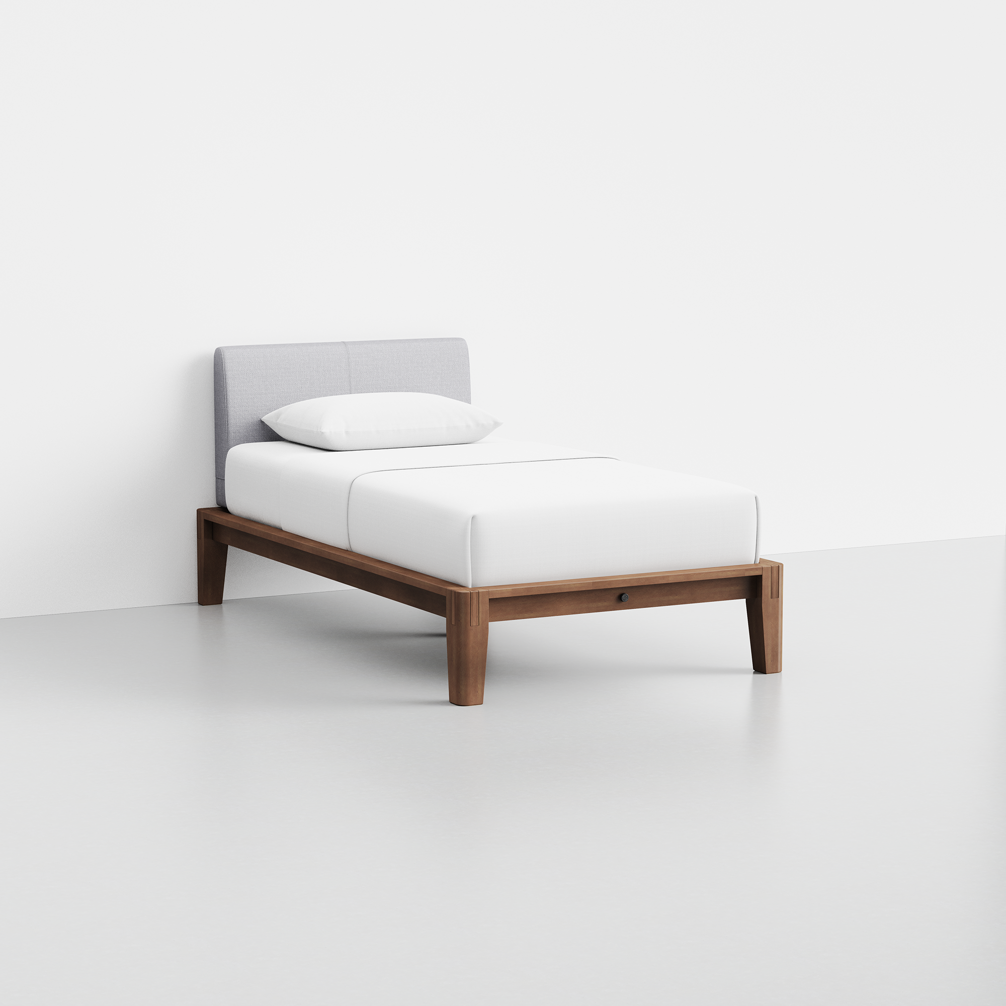 The Bed (Twin / Walnut / Fog Grey) - Render - Angled