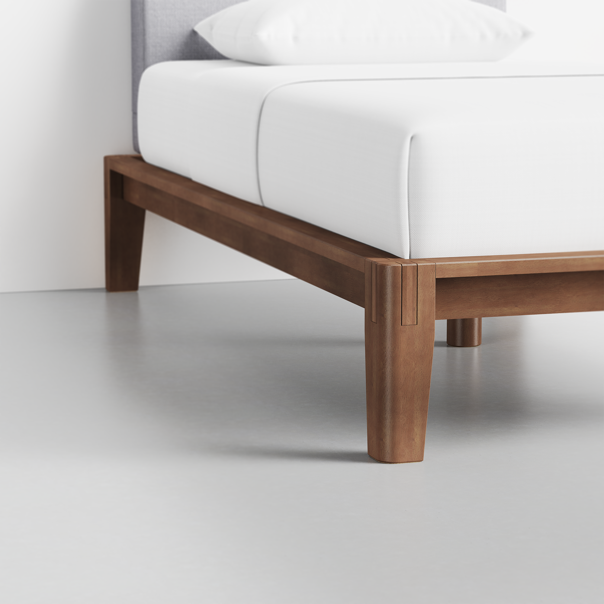 The Bed (Twin / Walnut / Fog Grey) - Render - Foot Detail