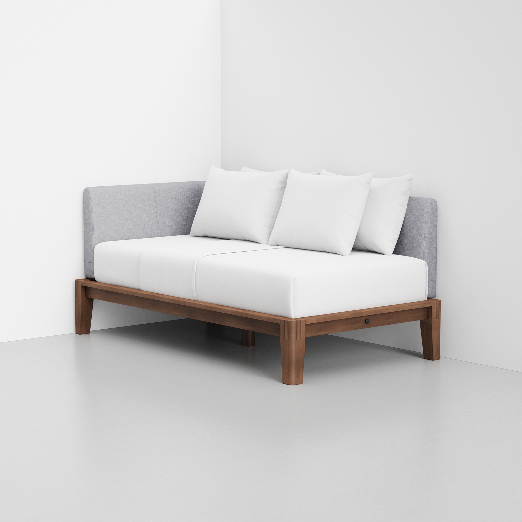 PDP Image: The Daybed (Walnut / Fog Grey) - Rendering - Pillows Stacked