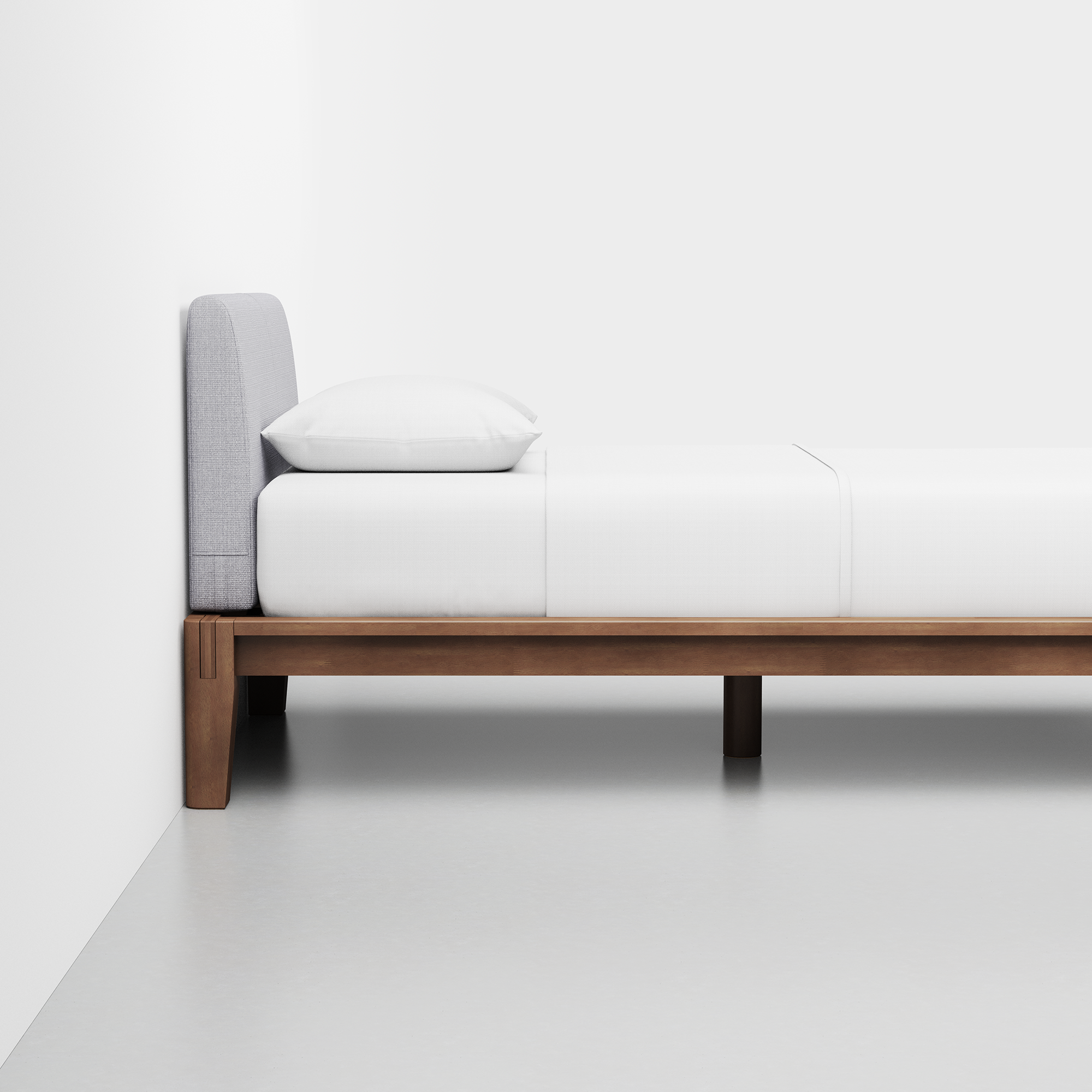 The Bed (Twin / Walnut / Fog Grey) - Render - Side