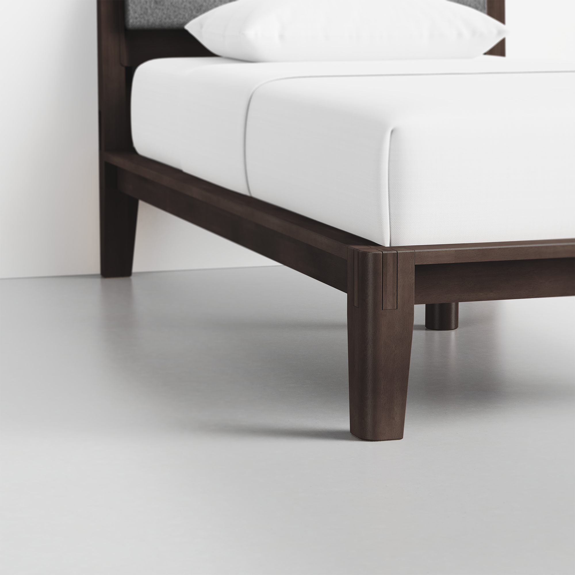 The Bed (Twin / Espresso / HB Cushion Pewter) - Render - Foot Detail