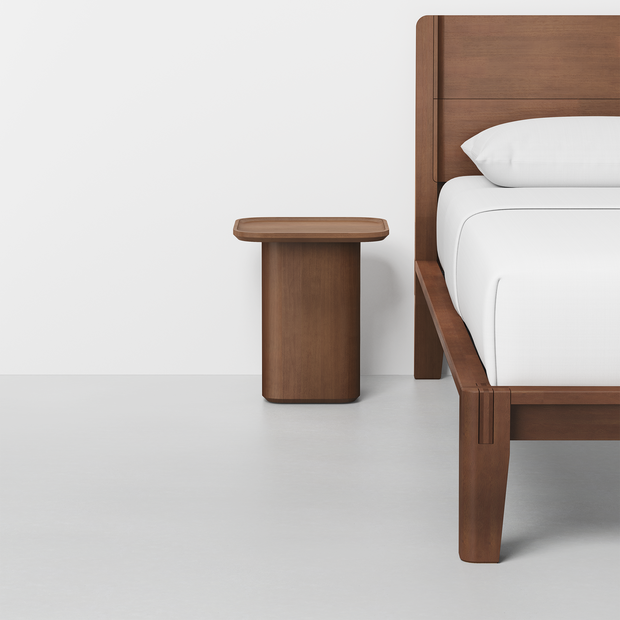 Pedestal Side Table (Walnut) - Render - With Bed